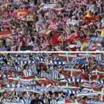Enorme pitada y exhibición de ikurriñas de los aficionados de la Real Sociedad mientras sonó el himno