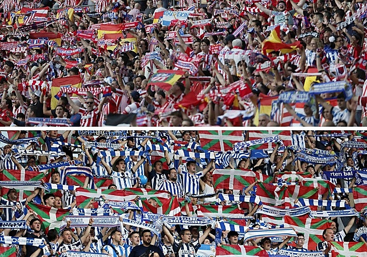 Enorme pitada y exhibición de ikurriñas de los aficionados de la Real Sociedad mientras sonó el himno